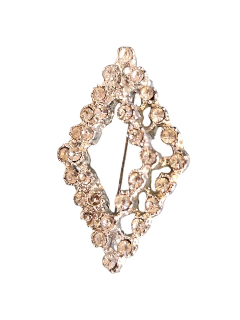 Vintage Diamond-Shaped Rhinestone Brooch Openwork Design Silver-Tone Pin